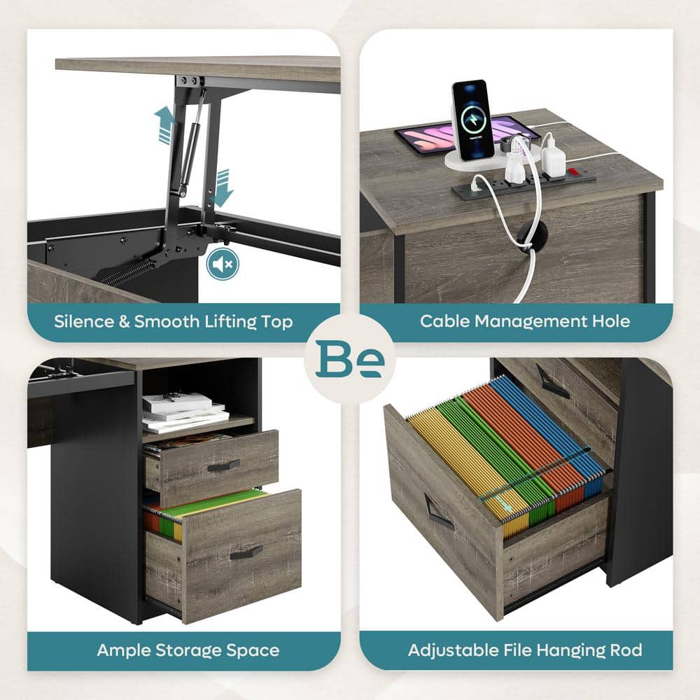 Retro Grey Oak Adjustable Height Standing Desk with Drawer and Power Outlet