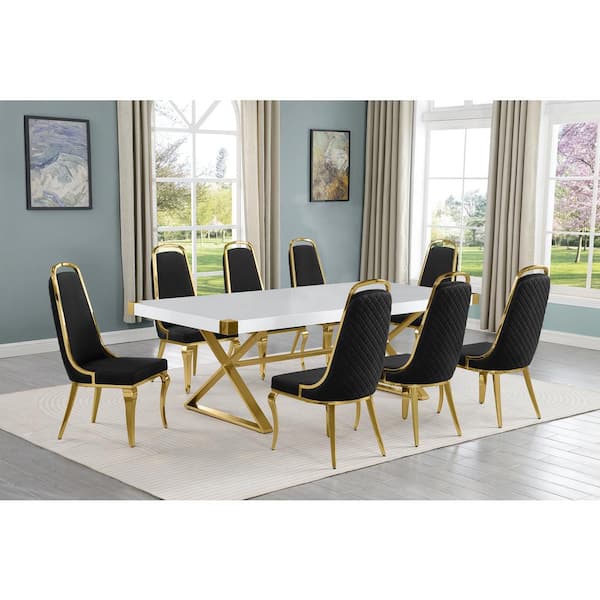 Best Quality Furniture Miguel 9-Piece Rectangle White Wood Top Gold Stainless Steel Dining Set with 8 Black Chairs