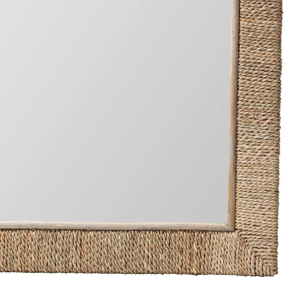 Japandi Natural Seagrass Square Wall Mirror with Mahogany Frame