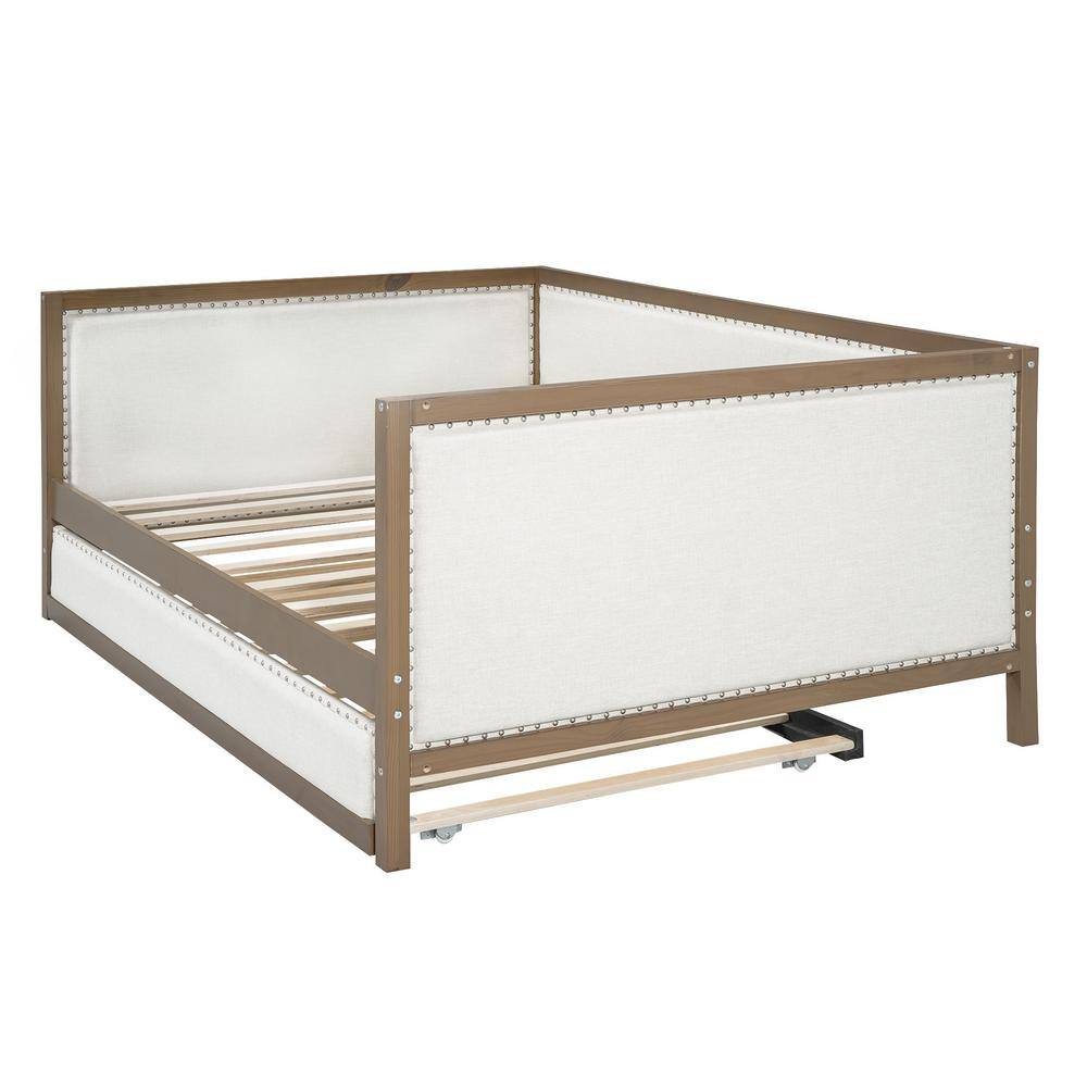 Full Size Beige Linen Upholstered Daybed with Trundle and Nailhead Trim