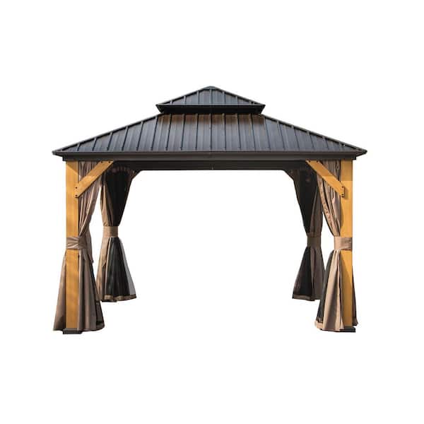 12 ft. x 12 ft. Outdoor Brown Cedar Wood Frame Hardtop Gazebo with Galvanized Steel Double Roof with Curtain and Netting