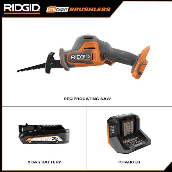 RIDGID R8648KN 18V SubCompact Brushless Cordless One-Handed Reciprocating Saw Kit with 2.0 Ah Battery and Charger - 2