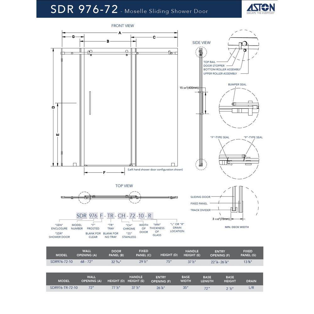 Moselle 75" Frameless Sliding Shower Door with Stainless Steel Hardware