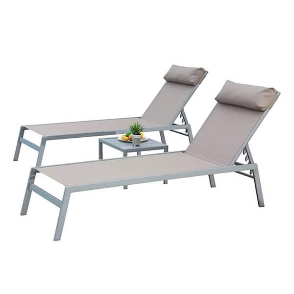 Sudzendf Metal Outdoor Chaise Lounge, 5 Position Adjustable with Headrest in Khaki (2 Lounge Chairs Plus 1 Table) (Set of 3)