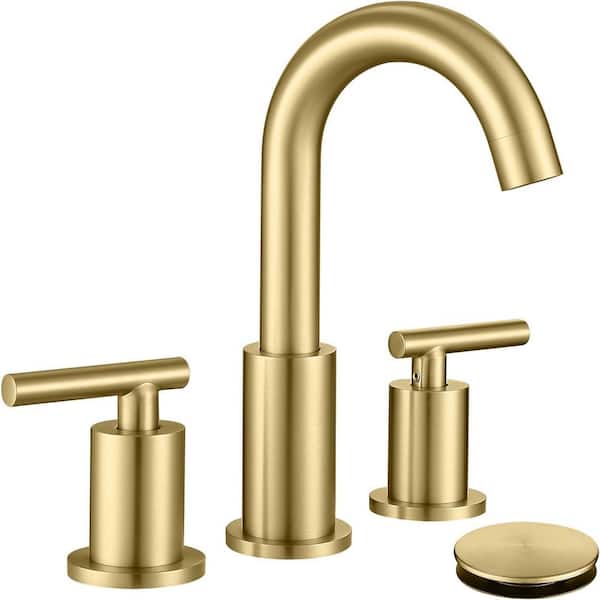 MTTCLE 8 in. Widespread Double Handle Bathroom Faucet with Drain and Gooseneck in Brushed Gold