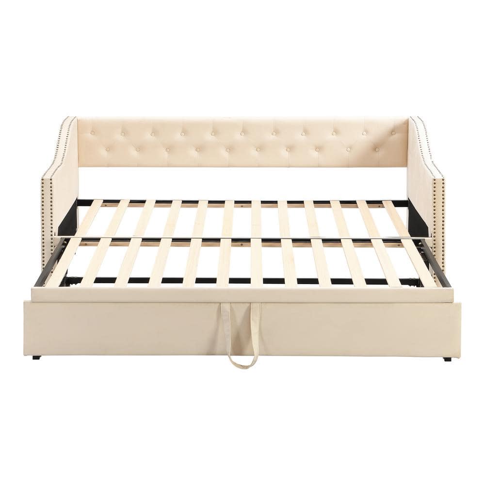 Beige Twin Size Soft Velvet Upholstered Tufted Daybed with Pop Up Trundle - thumbnail 3