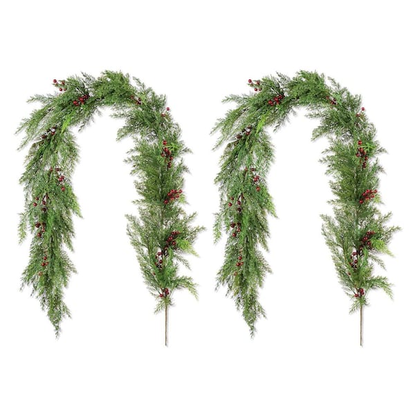 6 ft. Christmas Greenery PE Dripping Cedar Prelit Garland with Red Berries (Set of 2)