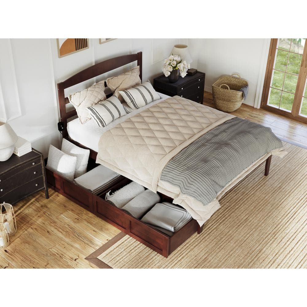 Warren Queen Walnut Wood Platform Bed with Storage Drawers