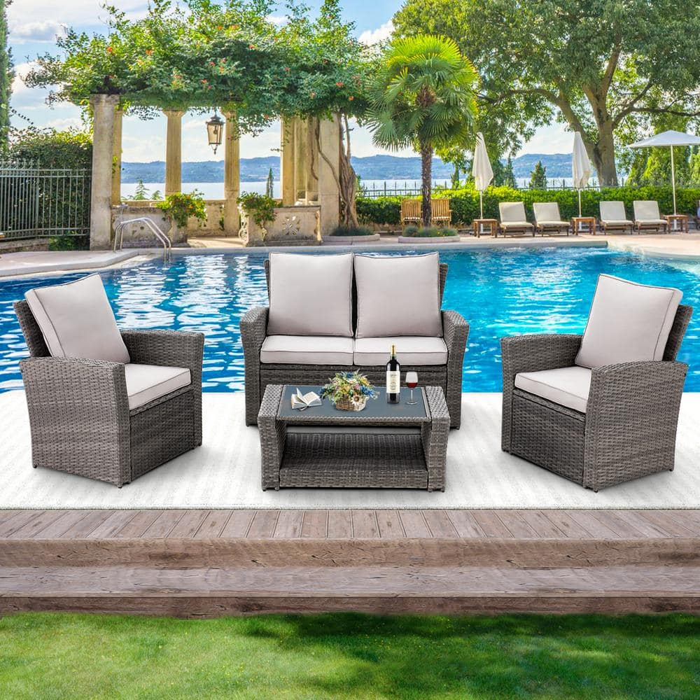 4 Piece All-Weather Wicker Outdoor Sectional Sofa Set with Gray Cushion, fo