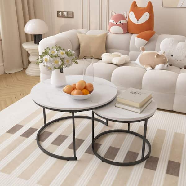 27.56 in. White Round Wood Coffee Table Set with Sturdy Metal Frame for Living Room, Bedroom