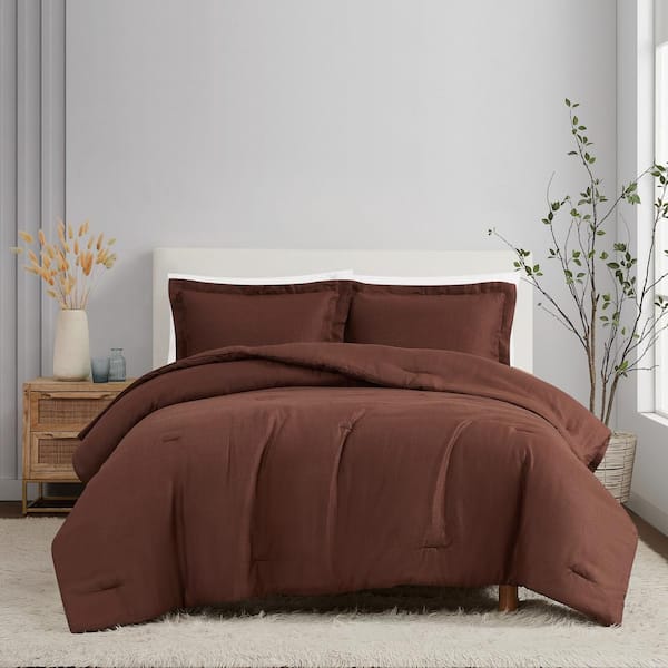 3-Piece Brown Solid 100% Linen Full/Queen Comforter Set