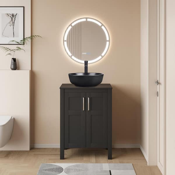 Black Ceramic Round Vessel Sink with Black Faucet Pop up Drain Set