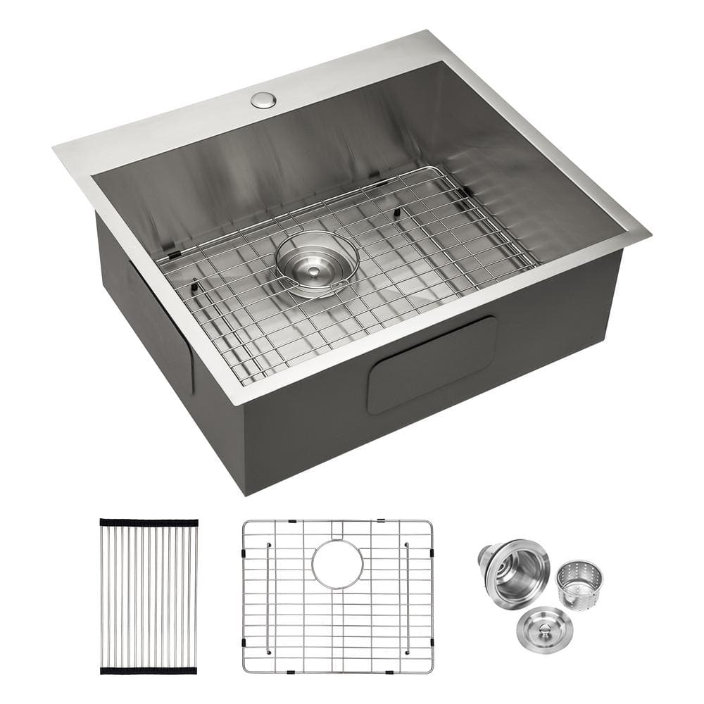 25 in. Drop-In Single Bowl 18 Gauge Brushed Nickel Stainless Steel Kitchen 