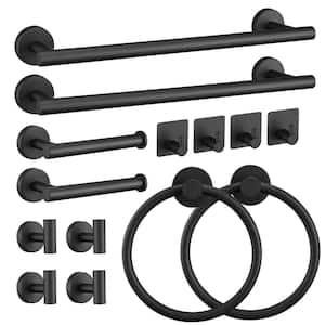 14-Piece Bath Hardware Set with Toilet Paper Holder, Towel Bar, Towel Hook, Adhesive Hook, Towel Ring in Matte Black