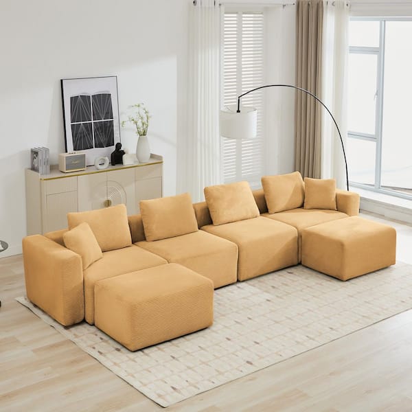JEAREY 143.7 in. Width Square Arm Corduroy Fabric U-Shaped Sectional Sofa with 2-Ottomans in Yellow