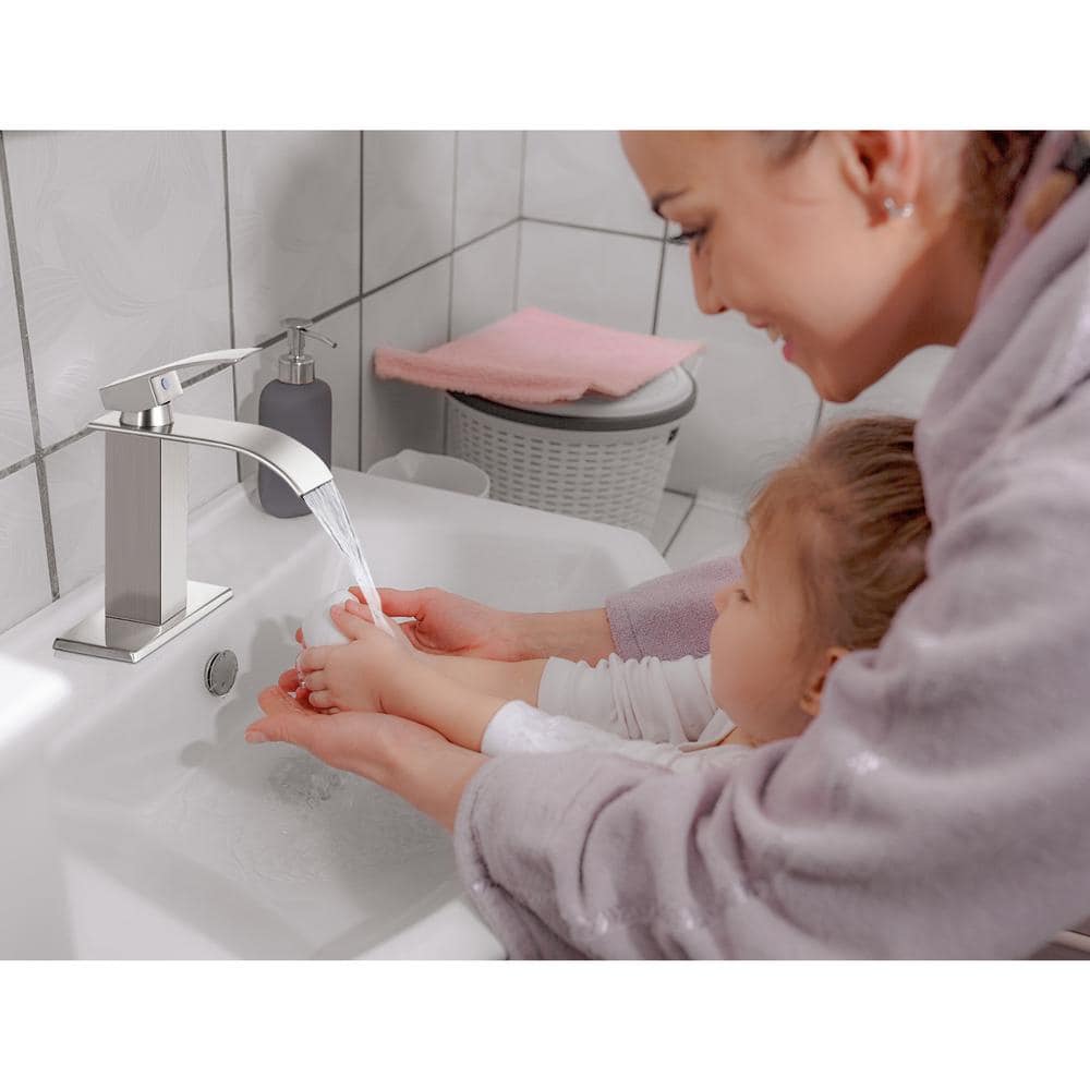 Brushed Nickel Single-Handle Low Arc Bathroom Faucet with Drain