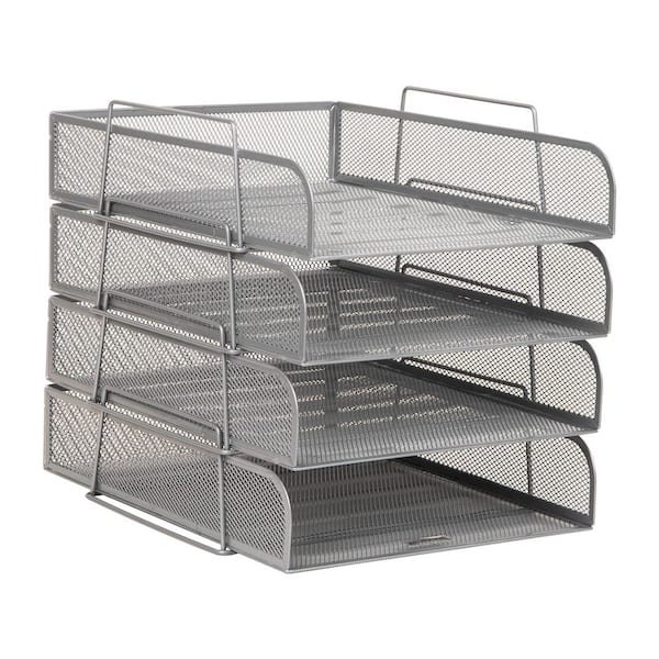 10.5 in. L x13. 5 in. W x11. 25 in. H, Stackable Paper Tray,Desktop Organizer,File Storage,Office,Metal,4-Piece, Silver