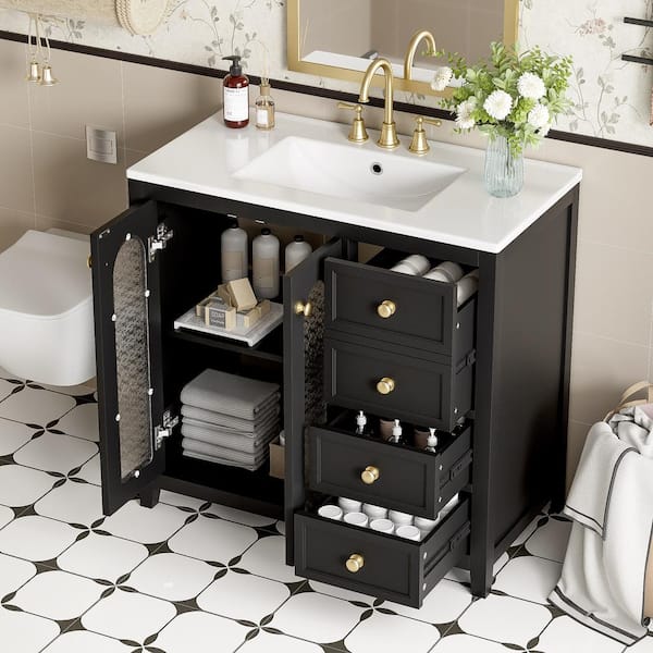 36 in. Freestanding Black Bath Vanity with White Ceramic Top and Soft Close Glass Door Unassembled