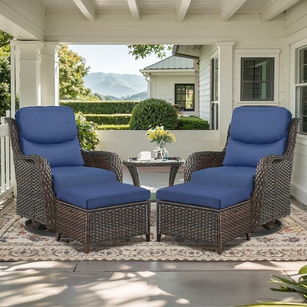 Crescent Brown 5-Piece Wicker Swivel Rocker Patio Conversation Set with 5 in. Thick Navy Blue Cushions and Ottomans