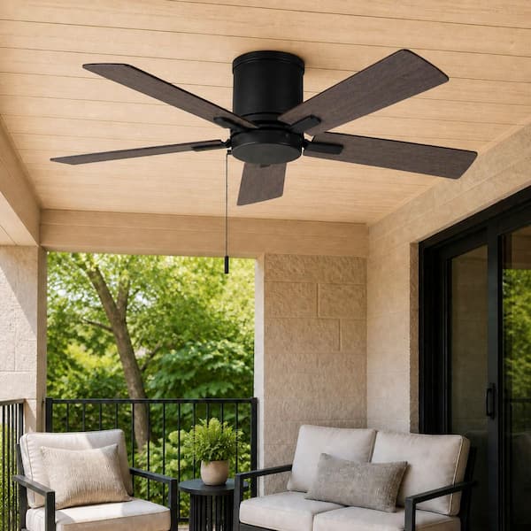 Grantway 48 in. Indoor/Covered Outdoor Matte Black Low Profile Ceiling Fan Without Light with Pull Chain Included