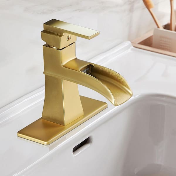 Waterfall Single Handle Stainless Steel Bathroom Faucet with Deckplate in Brushed Gold