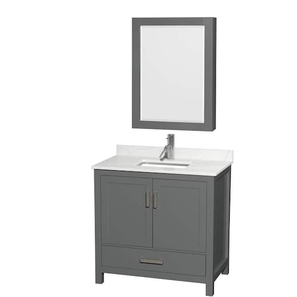 Wyndham Collection Sheffield 36 in. W x 22 in. D x 35 in. H Single Bath Vanity in Dark Gray with Giotto Quartz Top and Mirror