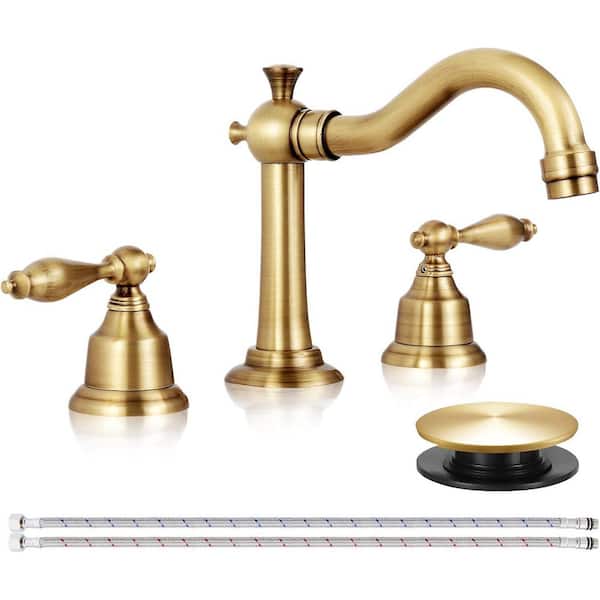 MTTCLE 8 in. Widespread Double Handle Mid Arc Bathroom Faucet with Drain in Antique Brass (1-Pack)