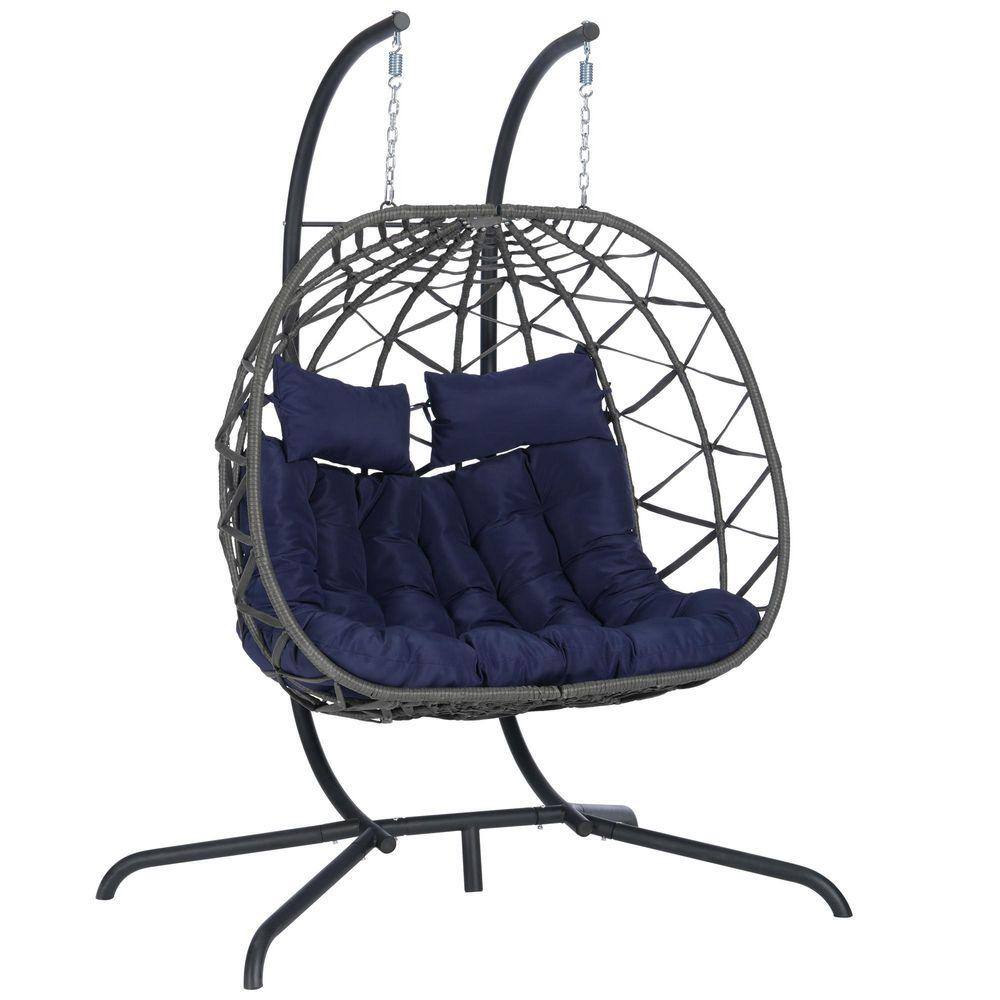 50.78 in. W 2-Persons Black Iron and Wicker Patio Swing Egg Chair with Stand Hanging with Dark Blue Cushion