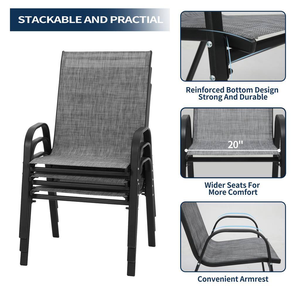 Gray Stackable Steel Frame Outdoor Dining Armchairs, Set of 4