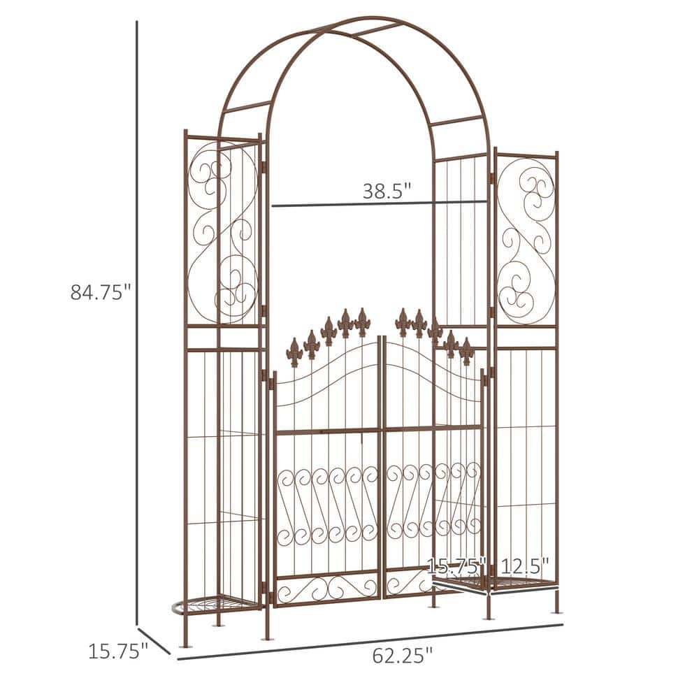 Brown Metal Garden Arbor with Fleur De Lis Motif and Gate