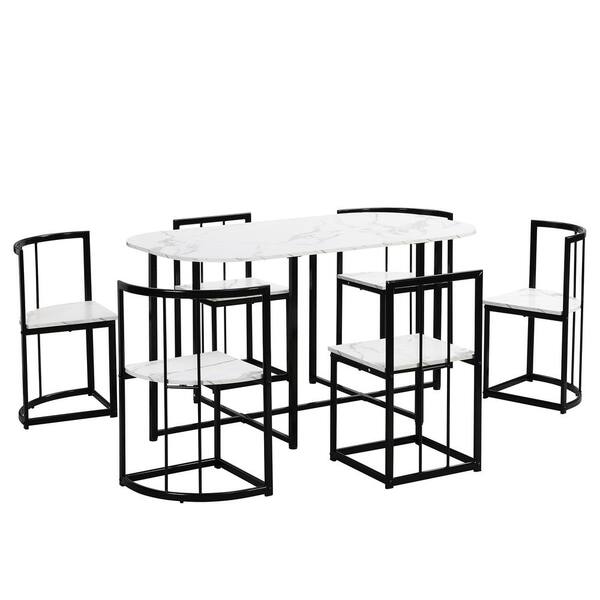 Sudzendf 7-Piece Black Metal Outdoor Serving Dining Set with Faux Marble