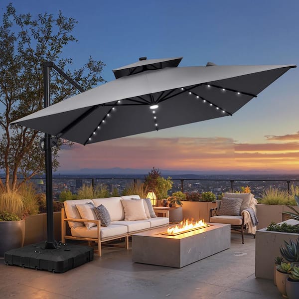 Pellebant 10 ft. x 13 ft. Heavy Duty Outdoor Cantilever Tiltable 360  Rotation Solar LED Lighted Patio Umbrella in Gray and Base UB024PU86LDGY