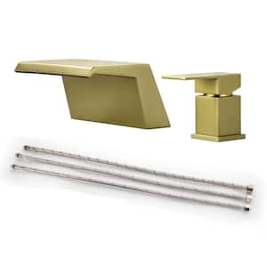 Single-Handle Waterfall Deck-Mount Roman Tub Faucet with Modern 2-Hole Brass Bathtub Faucets in Brushed Gold