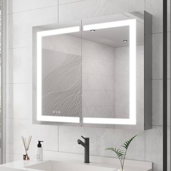 FAMYYT 36 in. W x 30 in. H Rectangular Anti-Fog LED Light Aluminum Recessed/Surface Mount Medicine Cabinet with Mirror