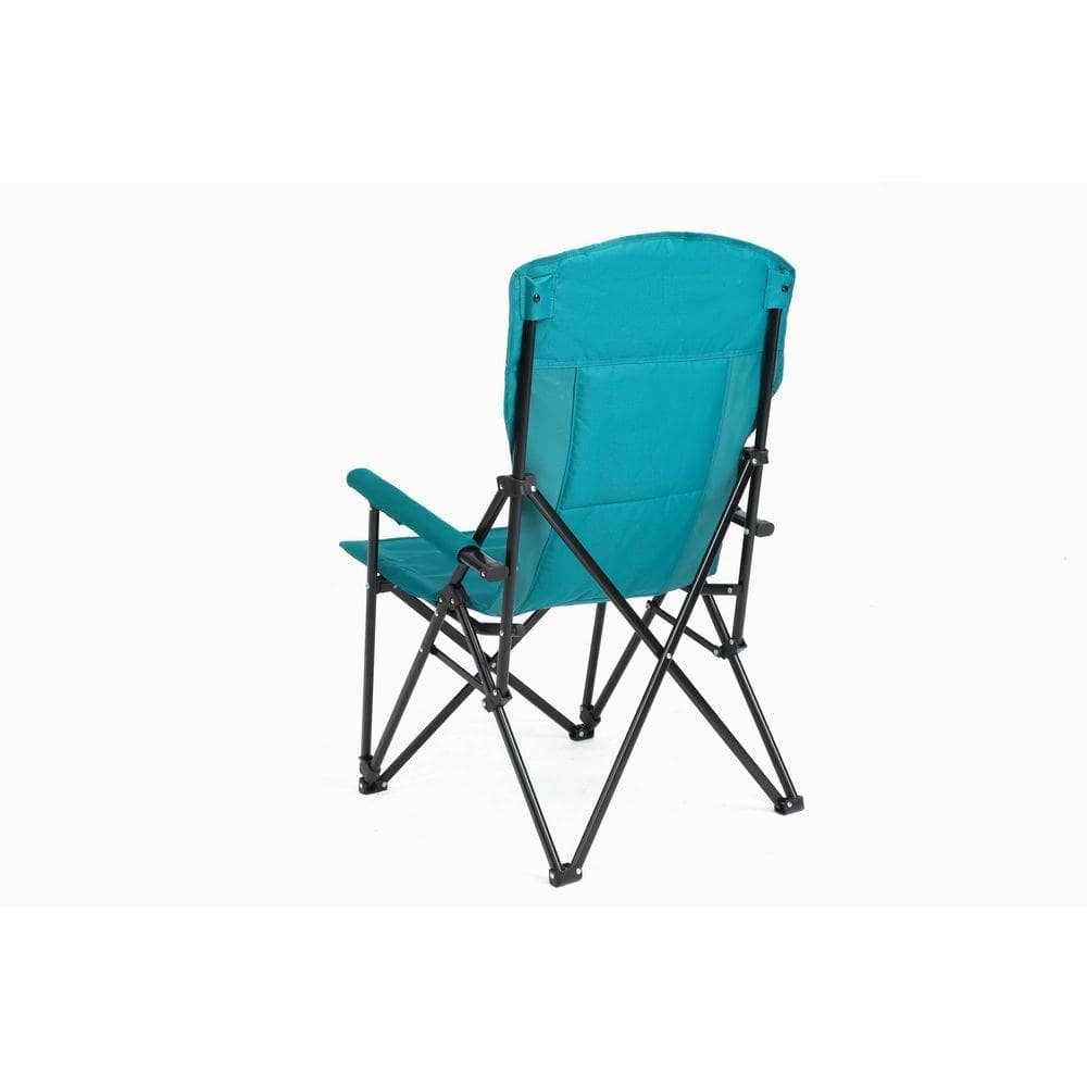Back view of a lake blue high back collapsible lawn chair.