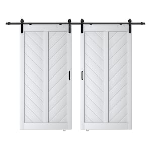 96 in. x 84 in. White Finished Solid Core MDF Herringbone Shape Sliding Barn Door Slab with Hardware Kit and Soft Close