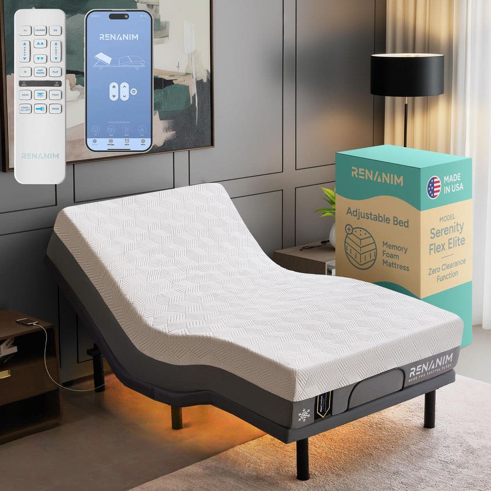 Gray Twin XL Adjustable Bed Frame Plus Firm Cooling Gel Memory Foam Mattress-Massage, USB, Under Bed Light, APP, Remote