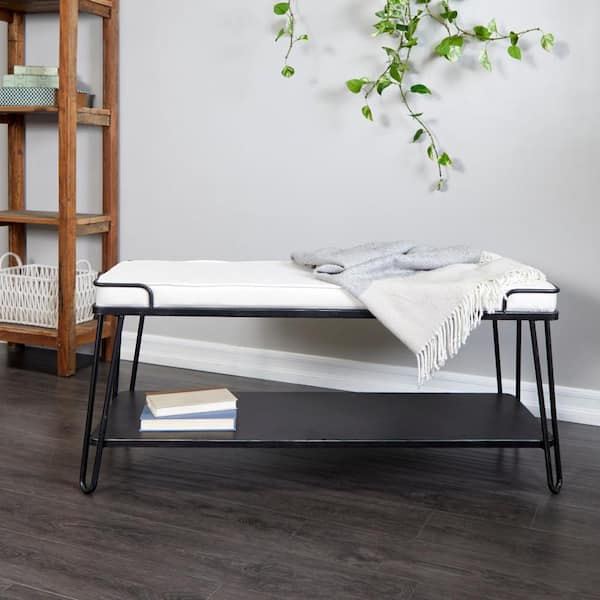 Litton Lane Black Single Shelf Bench with White Upholstered Seat 21 in. X 49 in. X 16 in.