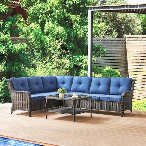 3-Piece Brown Wicker Outdoor Sectional Set with Olefin Blue Cushions and L-Shaped Sofa/Coffee Table