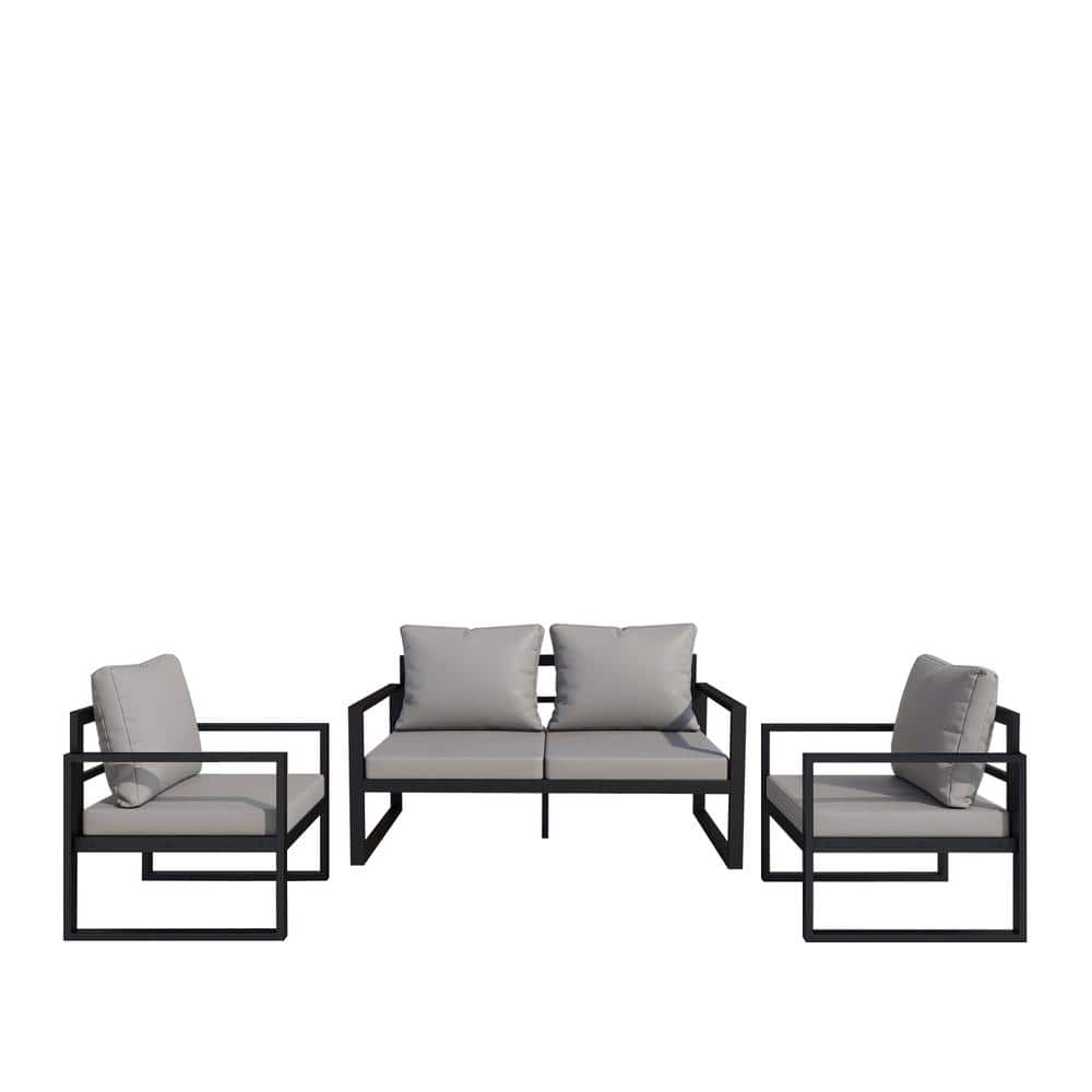 Black Metal 3-Piece Outdoor Indoor Patio Lounge Chair with Grey Cushion