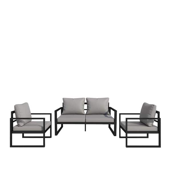 Black Metal 3-Piece Outdoor Indoor Patio Lounge Chair with Grey Cushion ...