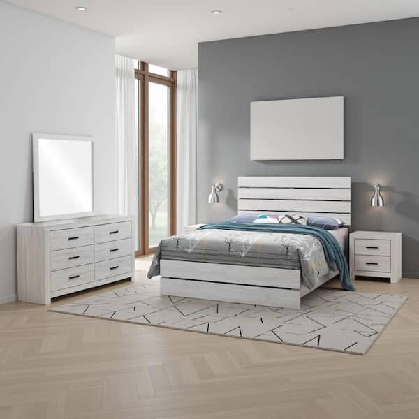 Sili 4-Piece Coastal White Wood Queen Size Bedroom Set