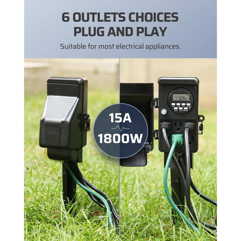 Black Heavy Duty Outdoor Digital Power Stake Timer with 6 Outlets