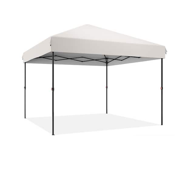 10 ft. x 10 ft. White Pop-Up Canopy Tent with 1-Button Setup, Adjustable Height, Sandbags and Stakes, Guy Ropes