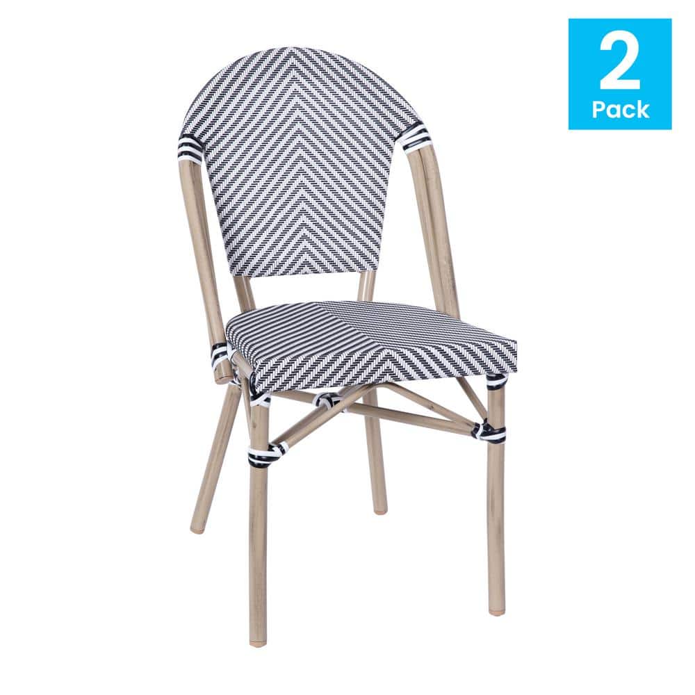 Black and White Armless French Bistro Stacking Chair with Metal Frame