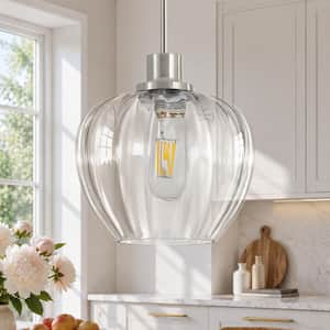 RayHome 9 in. 1-Light Brushed Nickel Ribbing Pendant Light with Clear Glass Hanging Lamp for Sink, Kitchen Island