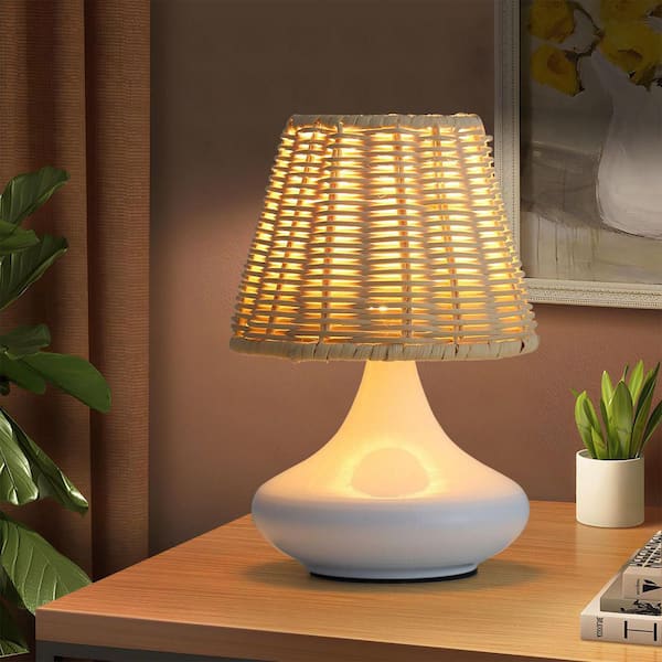 8 in. White Dimmable LED Table Lamp with USB Port and Rattan Shade for Bedroom or Living Room