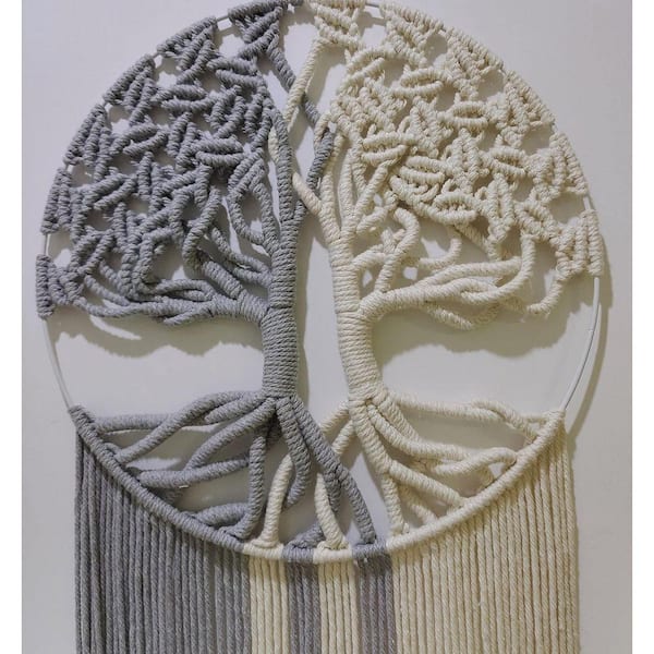 Tree of Life Macrame Wall Hanging, 31.5 in. x 13 in.-Grey & White