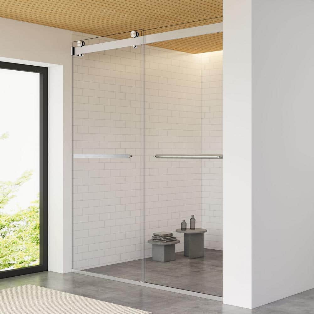 64" W x 76" H Frameless Clear Glass Shower Door with Nickel Finish