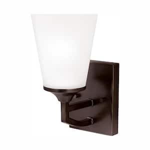 Hanford 5.12 in. 1-Light Bronze Modern Transitional Wall Sconce Bathroom Vanity Light with Glass Shade and LED Bulb